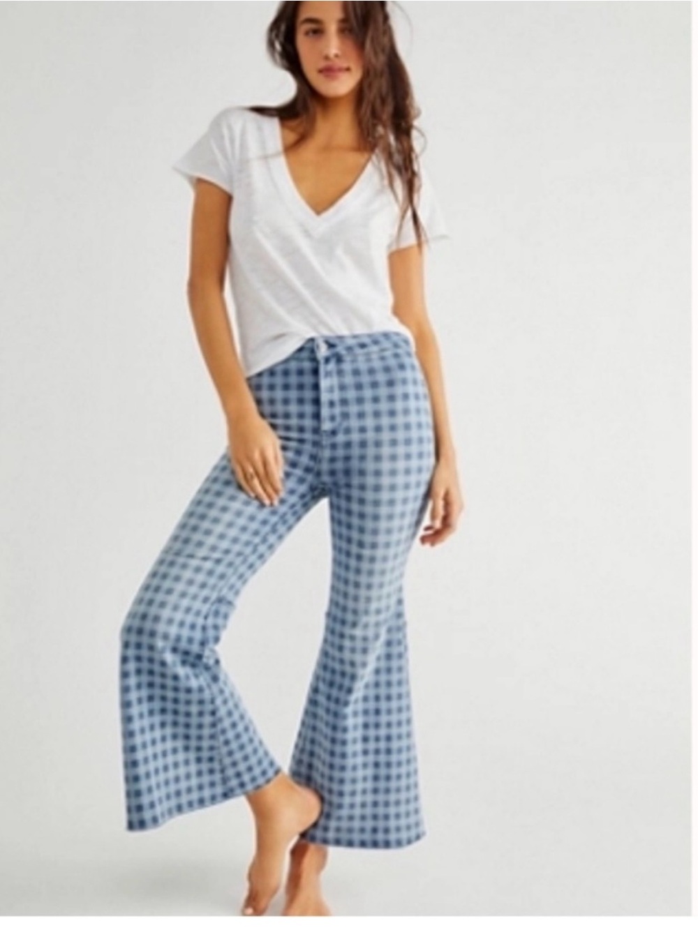 Free People Blue Checked Flare Jeans